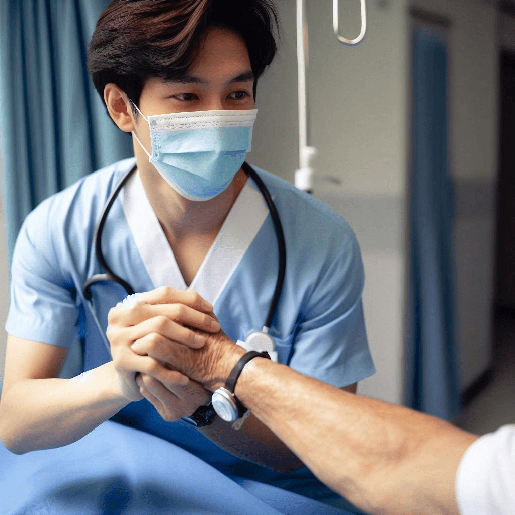 Male Nurse holding patient hand