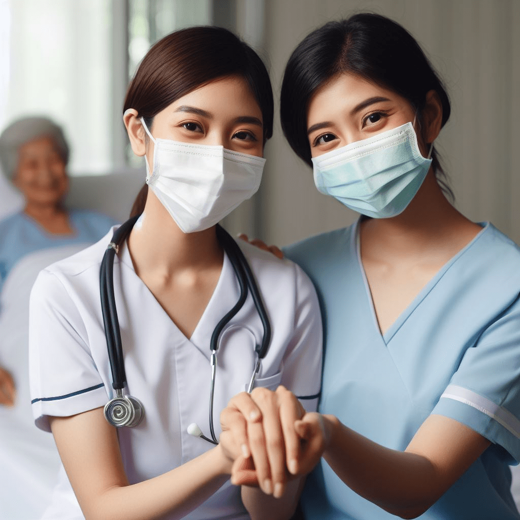 Two female Nurses holding each other's hands